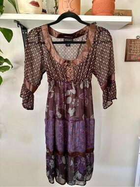 Request Brown and Purple Floral Tiered Midi Dress with Satin Trim